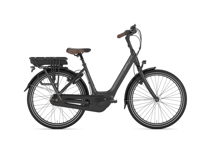 "Green Gazelle Orange C8 HMB electric bike with rear rack and step-through frame on a transparent background."