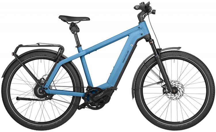 Electric Riese & Müller Charger3 GT Vario bike in black with rear rack and fenders, 2022 model.