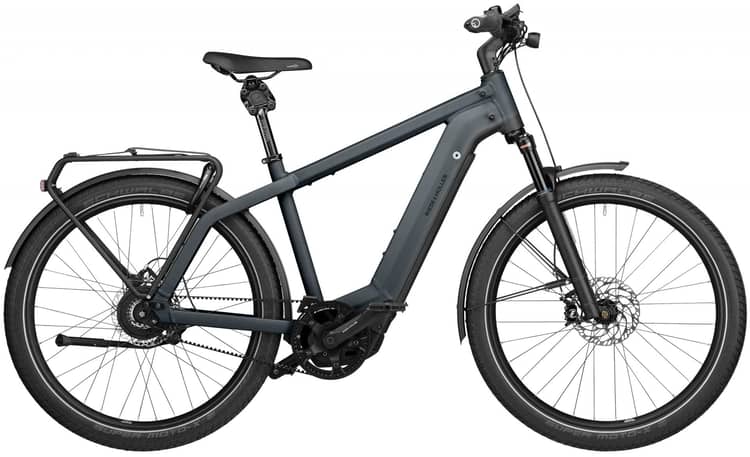 Electric Riese & Müller Charger3 GT Vario bike in black with rear rack and fenders, 2022 model.