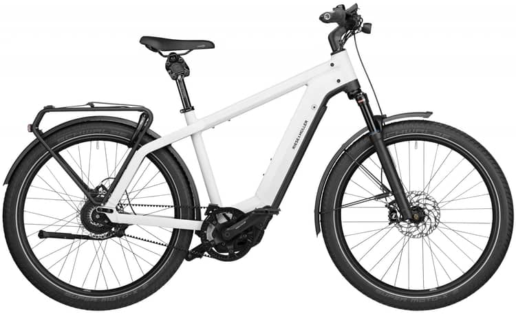 Electric Riese & Müller Charger3 GT Vario bike in black with rear rack and fenders, 2022 model.