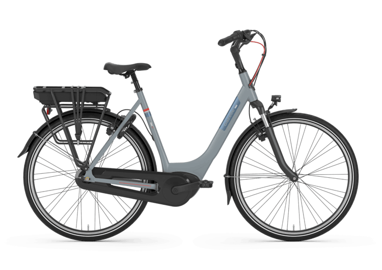 Elektrofahrrad Gazelle Paris C7 HMB in Dunkelgrau, mit Gepäckträger und geschlossenem Kettenkasten.