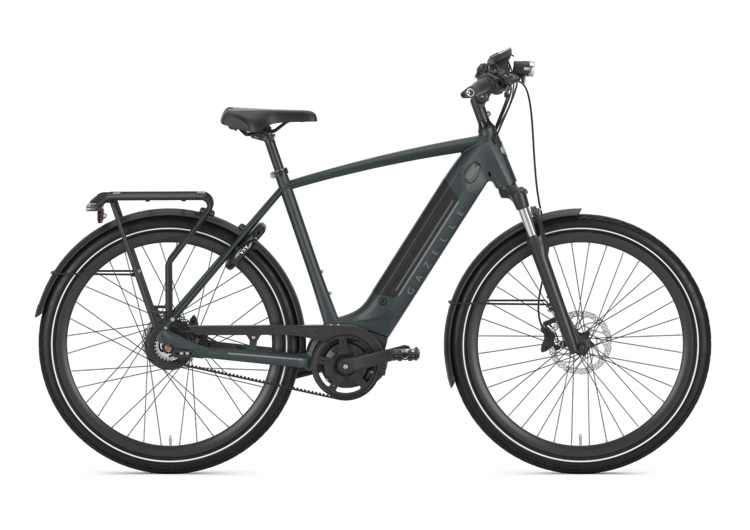 Modern Gazelle Ultimate C380 HMB electric bike in gray with ergonomic frame design, rear rack, and disc brakes.