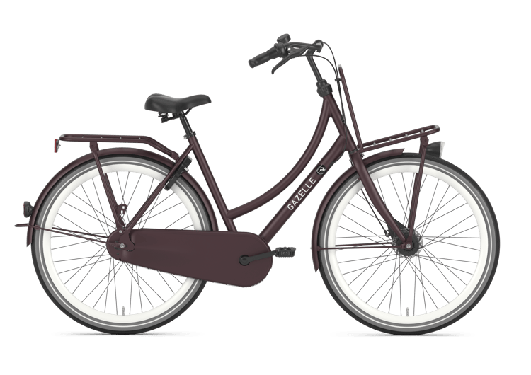 Black Gazelle Puur_NL Dutch-style bicycle with chain guard and rear rack on a transparent background.