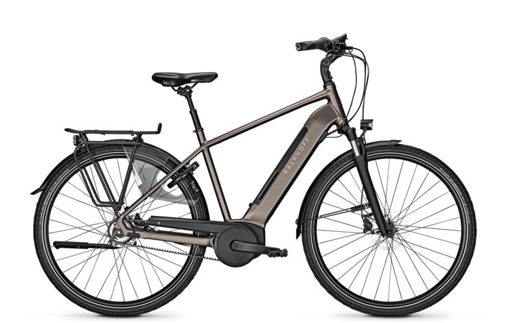 Modern Kalkhoff Image 3B Excite BLX electric bicycle in brown with front and rear fenders, rack, and disc brakes.