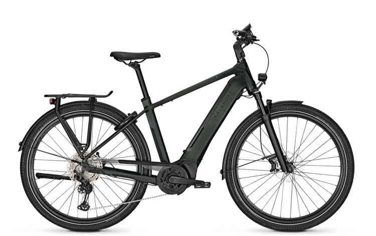 Modernes Kalkhoff Endeavour 5.B Advance elektrisches Fahrrad in Grau mit Scheibenbremsen und Gepäckträger.
