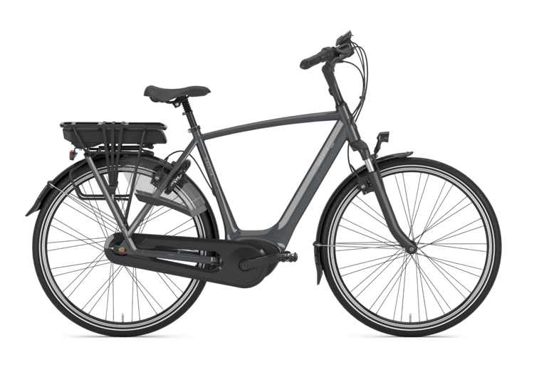 Electric bicycle Gazelle Orange C7 HMB in grey with a rear rack, enclosed chain, and a step-through frame design.