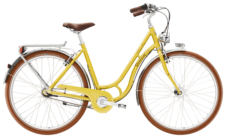 Türkisfarbenes Damenfahrrad "Topas Grandefinale" mit braunem Sattel und Reifen, Chromdetails und Frontlicht.