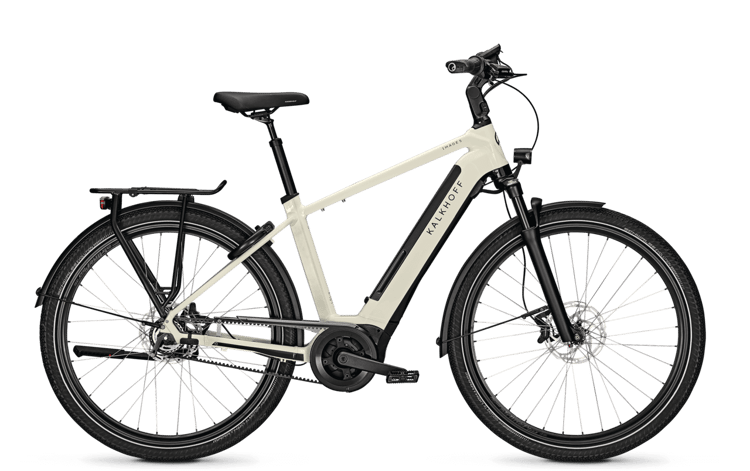 Braunes Kalkhoff Image 5B Advance H E-Bike mit Ständer, Gepäckträger, Scheibenbremsen und Beleuchtung.