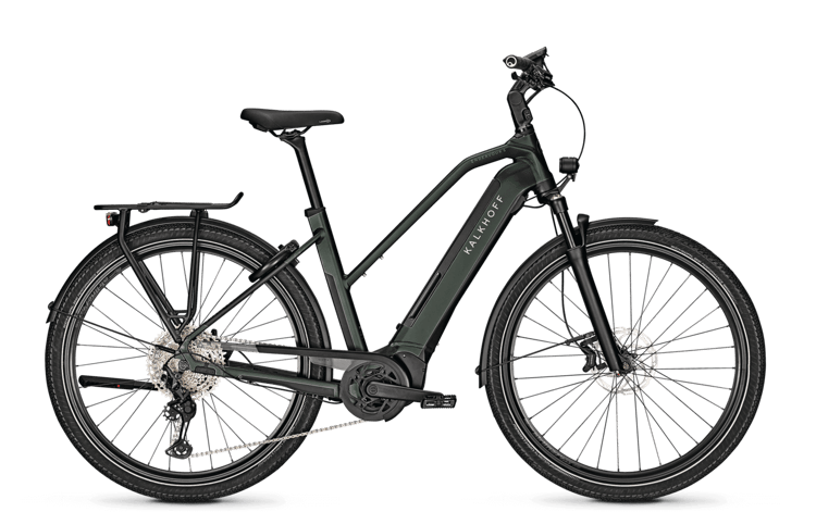 Black Kalkhoff Endeavour 5B Advance electric bicycle with rear rack, fenders, and disc brakes on a black background.