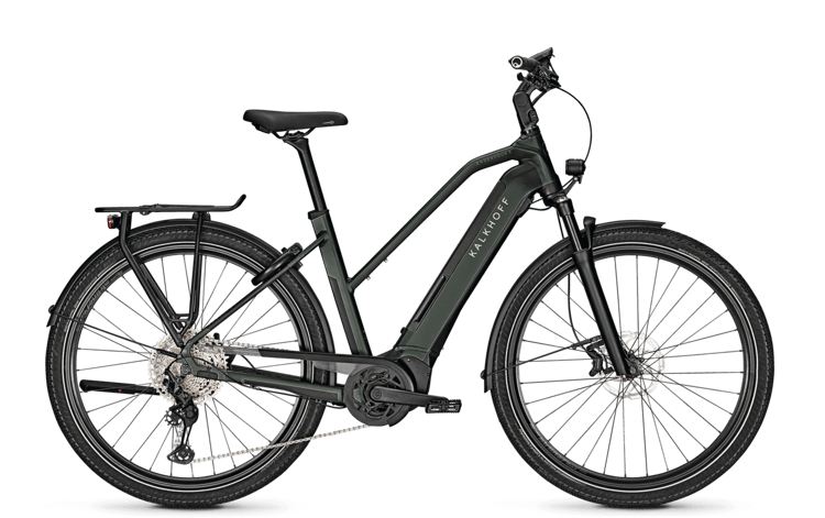 Modernes Kalkhoff Endeavour 5.B Advance M E-Bike in Grau, Gepäckträger und Beleuchtung.