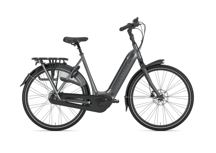 Sleek Gazelle Grenoble C8 HMB electric bike in dark gray, with a step-through frame and rear rack, isolated on a black background.