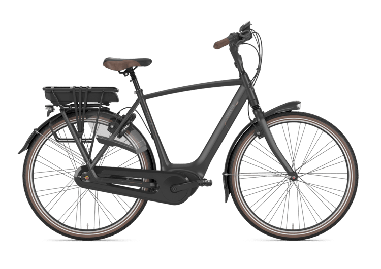 Gazelle Orange C8 HMB Herren-E-Bike in Schwarz mit braunem Sattel und Griffen, hinterem Gepäckträger und Kotflügeln.