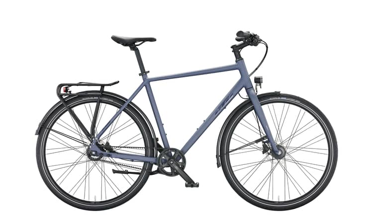 Blue-grey matte urban bike with Alfine belt, rear rack, and sleek frame design, on a white background.