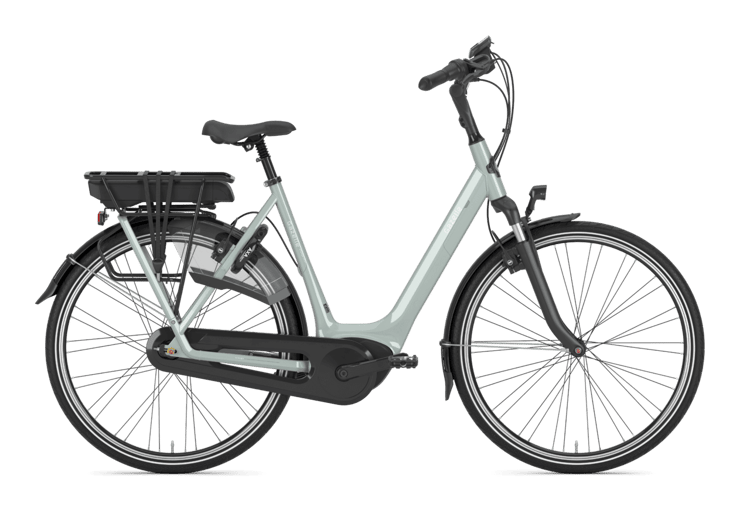 E-Bike Gazelle Orange C7 HMB in Dunkelgrau mit Frontlampe, Heckträger, Schutzblechen und geschlossenem Kettenkasten.