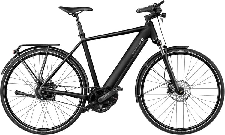 Black Riese & Müller Roadster Vario 2021 electric bike with cargo rack and hydraulic disc brakes.