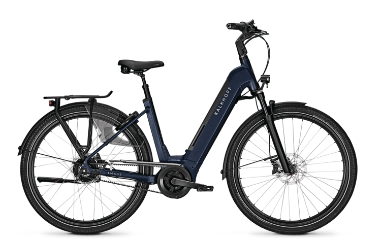 Blue Kalkhoff Image 5B Excite BLX electric bicycle with front and rear disc brakes, rear rack, and step-through frame.