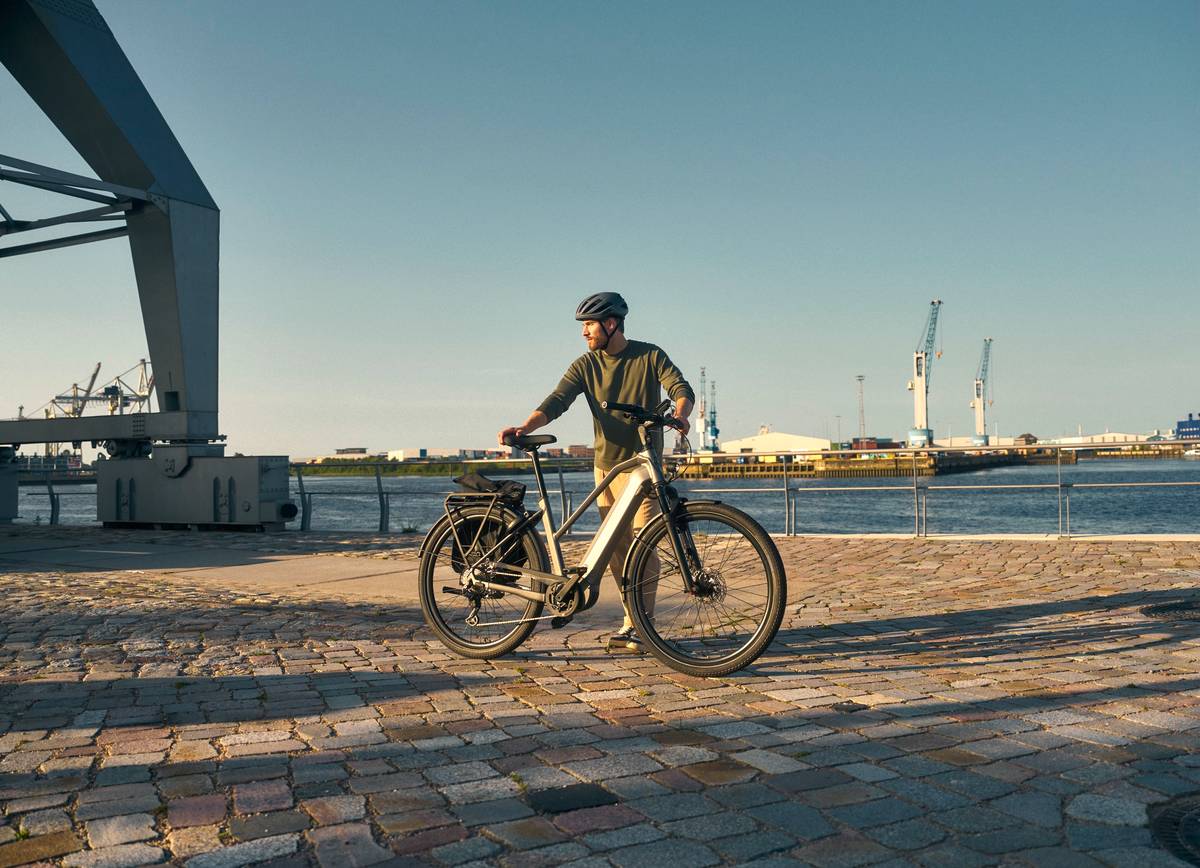 Mann Mit E Bike Steht Vor Hafenkulisse Von Hamburg