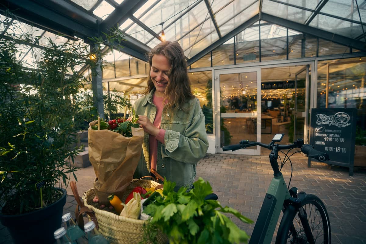 woman with groceries on her bike in front of store