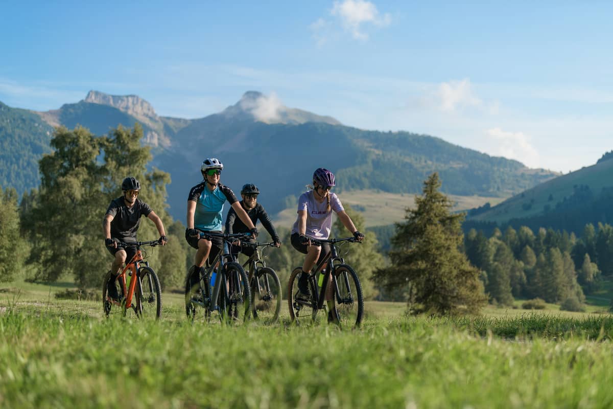 group of bikers on Cube mountainbikes in summer in mountains